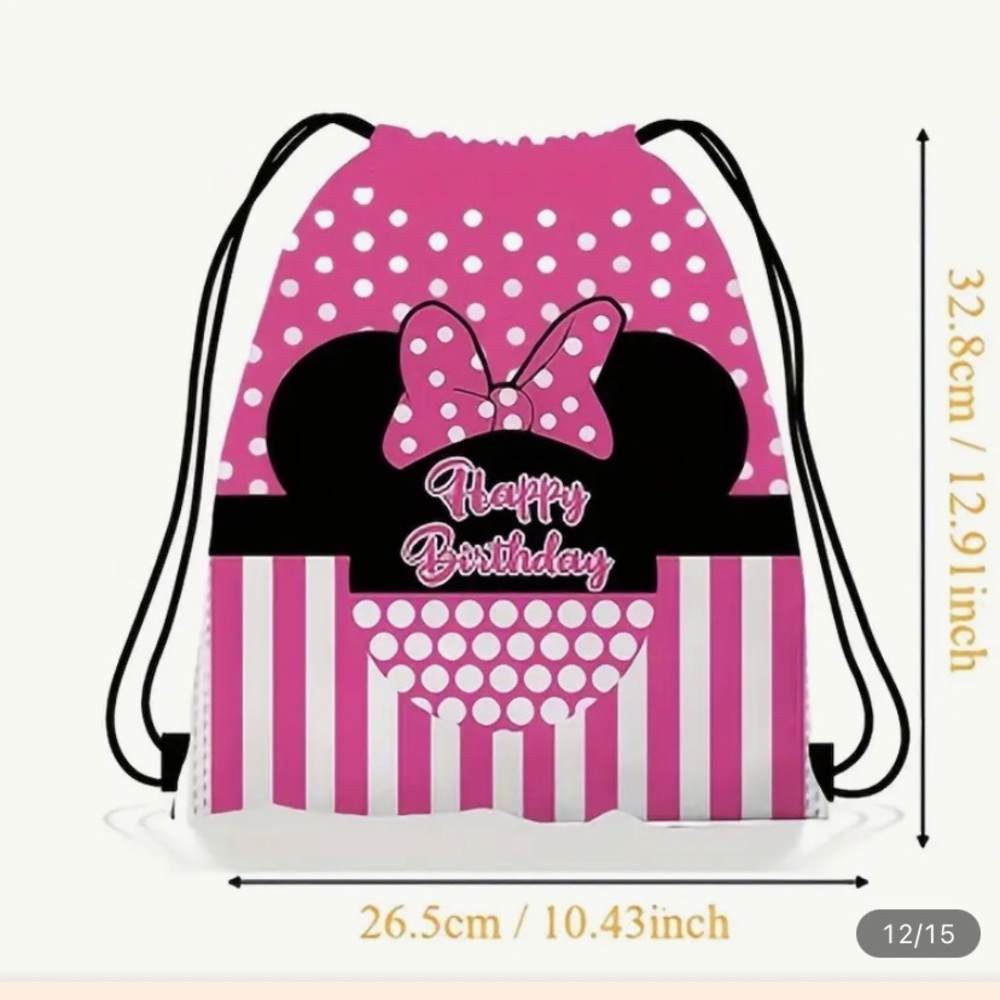 Pink Polka Dot Minnie Mouse Birthday Drawstring Bag